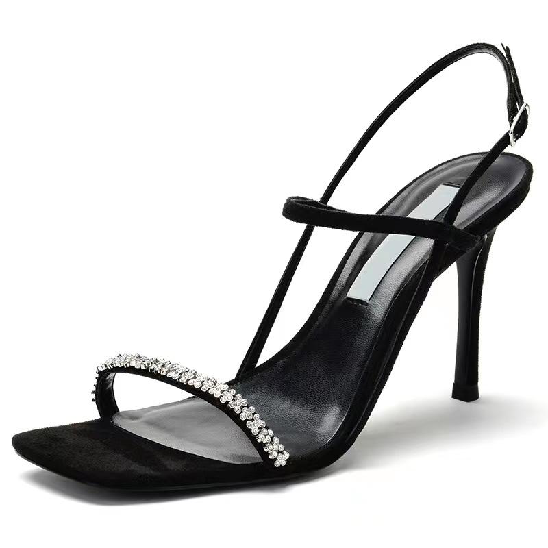 Women's Stiletto Heel Sandals With Rhinestone Square Toe