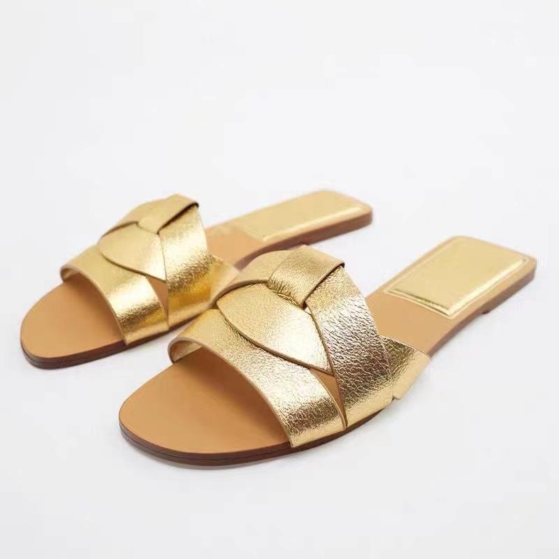 Custom Gold Braid Leather Shiny Designer Sandal For Women And Ladies Flat Slipper Luxury Females Shoes